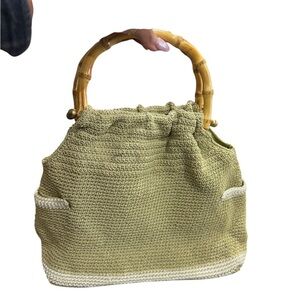 Avocado Green Crochet Bamboo Handle Purse Boho Bag Coastal Cottagecore